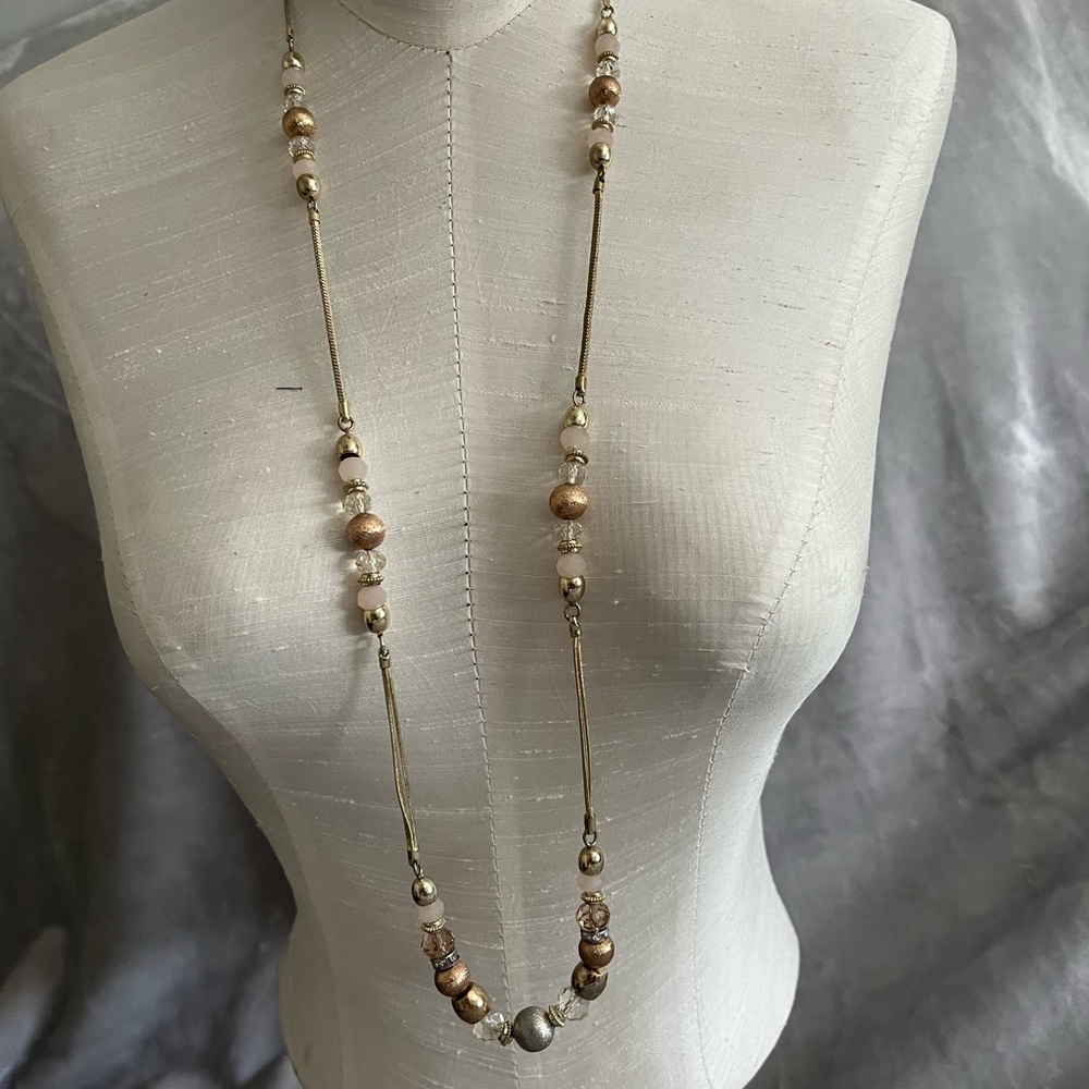 Long multi-metallic color bead station necklace